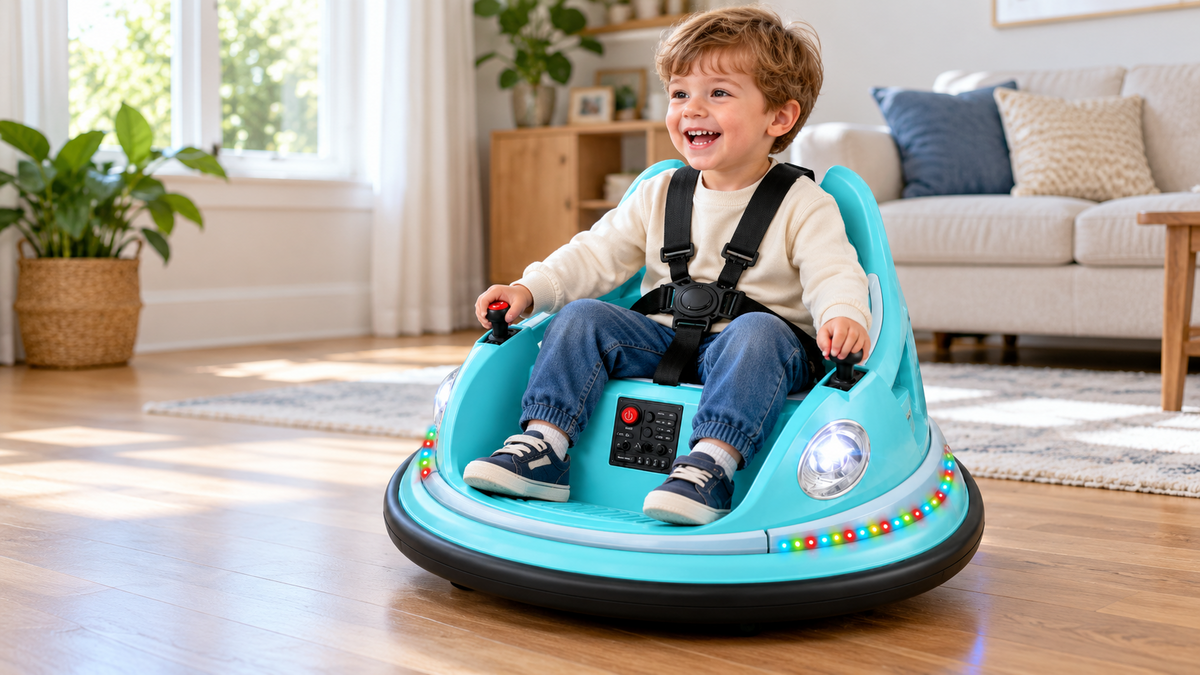 Child smiling in a turquoise VERSEAL ride-on car