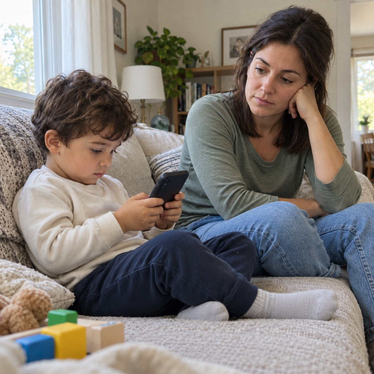 Mother sitting beside her child while he looks at a phone