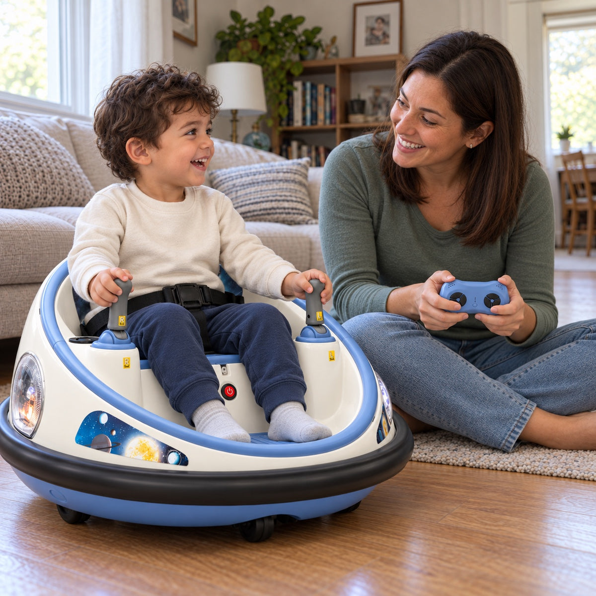 Child enjoying his space bumper car while his mother holds the remote control