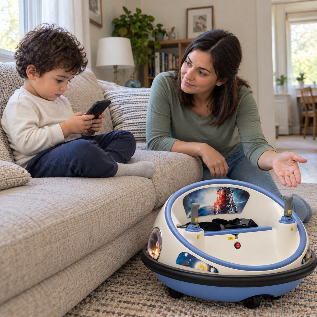 Mother inviting her child to play with a space bumper car